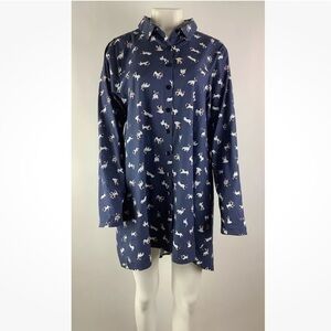 Tulip Sz L French Bull Dog Print Shirt Dress Blue 100% Cotton Button Front